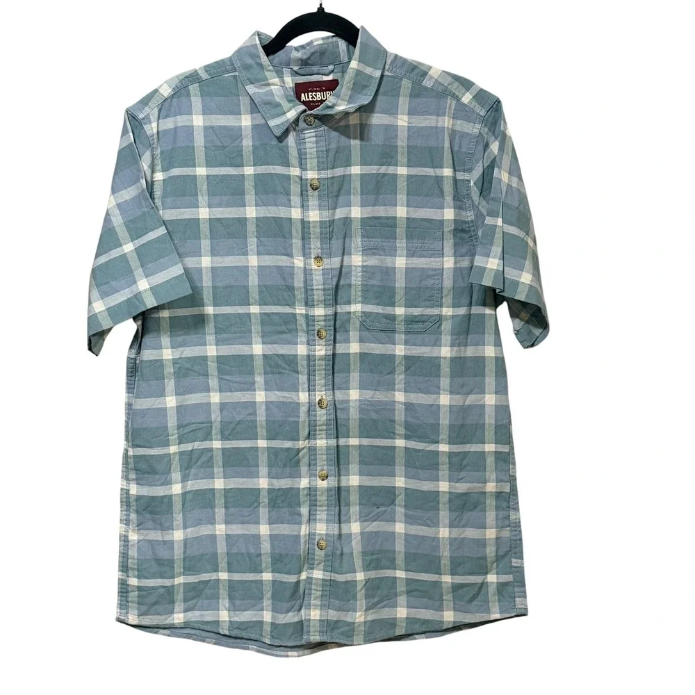 Alesbury Mens Blue Plaid Short Sleeve Button Down Cotton Shirt Tall L MGW13034